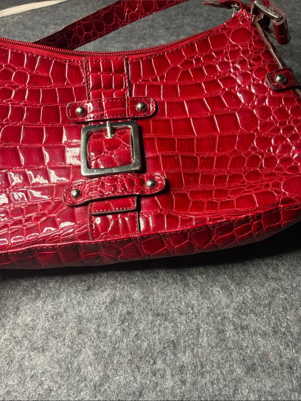 New York & Company Red Croc-Embossed Shoulder Bag with Buckle Accent - Picture 2 of 6